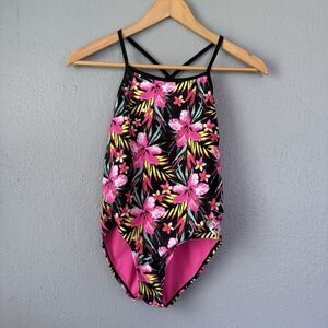 Hurley Girls Tropical Floral One Piece Swimsuit Black Pink Size 10-12